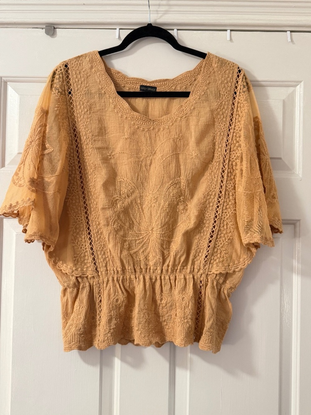 Coco + Carmen Peplum Blouse Butterfly Sleeve Women's L/XL Boho Orange Cotton